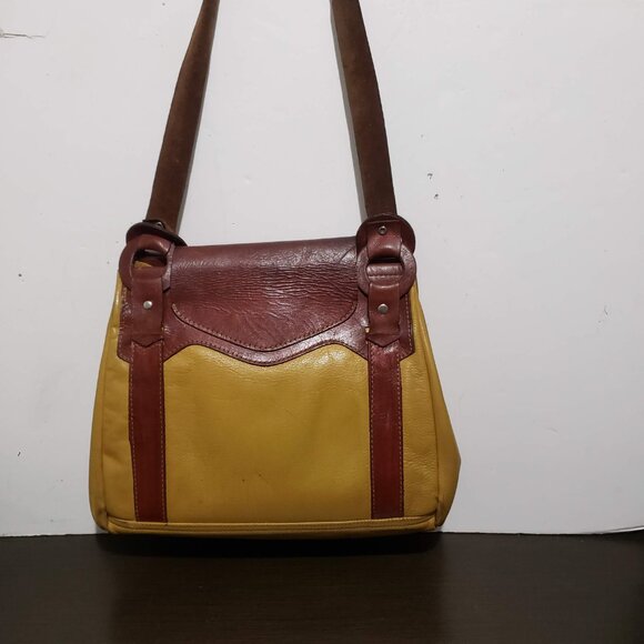 Vtg Eberle Yellow Dark Red Leather Shoulder Bag - Picture 3 of 16